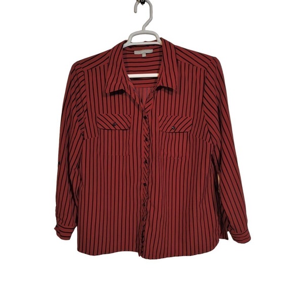 NY Collection red w/ black stripes button front long sleeve shirt woman size XL - Picture 1 of 6